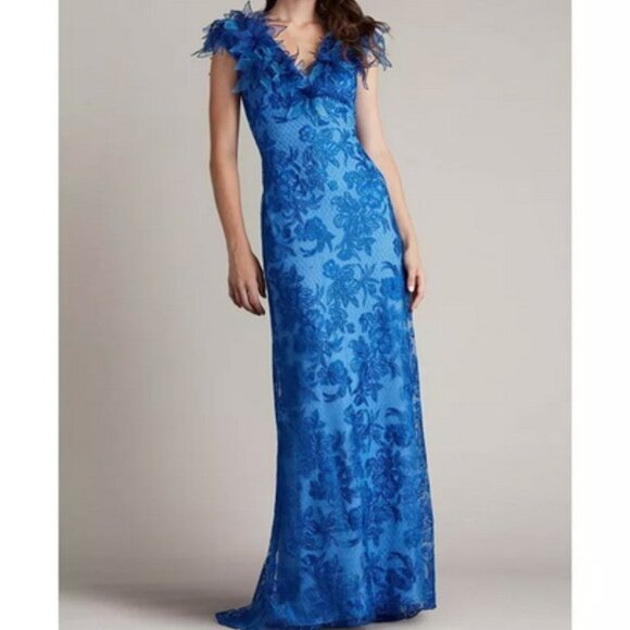 Tadashi Shoji Blue Liana A-Line Floral-Embroidered Applique Dress